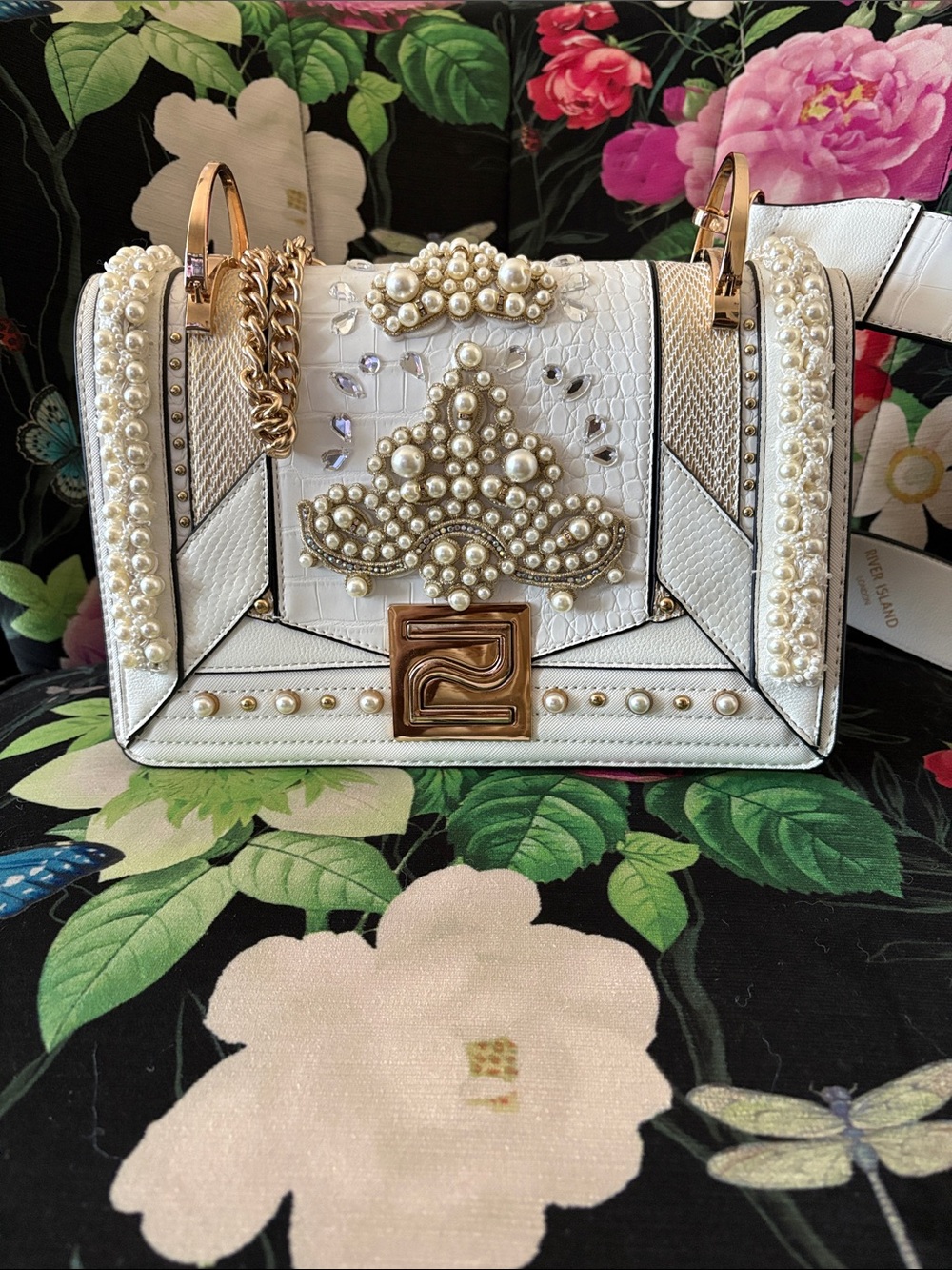 River Island White Pearl-Embellished Shoulder Bag with Gold Hardware